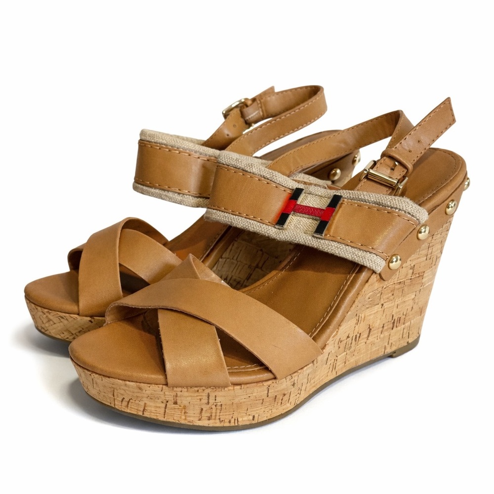 Tommy Hilfiger Tan Wedge Sandals. Size 7. Good Condition Casual Classic